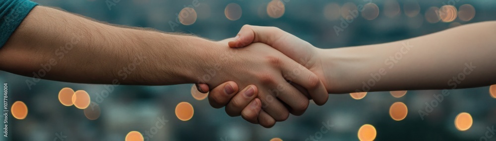 Close-Up Image of a Handshake Between Two People Overlooking a Cityscape, Symbolizing Professional Networking and Collaboration in a Dynamic Environment Close-Up Image of a Handshake Between Two People Overlooking a Cityscape, Symbolizing Professional Networking and Collaboration in a Dynamic Environment