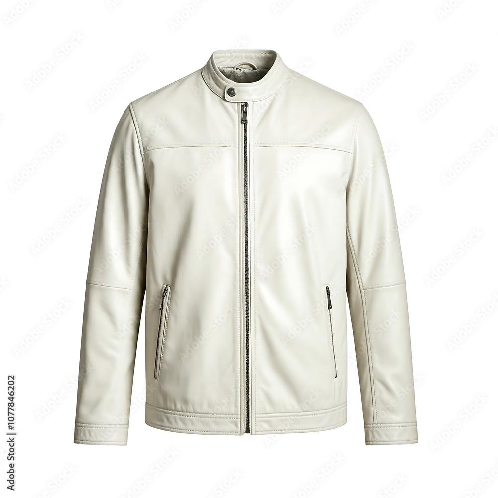 White leather jacket stands on white background, fashion, lifestyle White leather jacket stands on white background, fashion, lifestyle