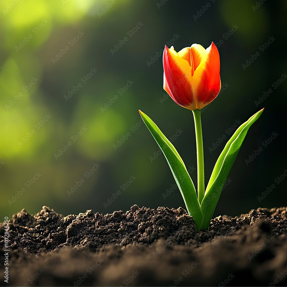 Obraz premium a tulip begining to come out of the soil .generative ai