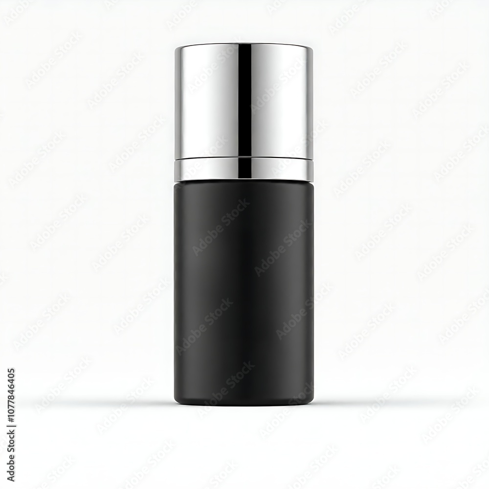 Blank matt black bottle of skincare with silver cap isolated on white background, skincare product packaging design Blank matt black bottle of skincare with silver cap isolated on white background, skincare product packaging design