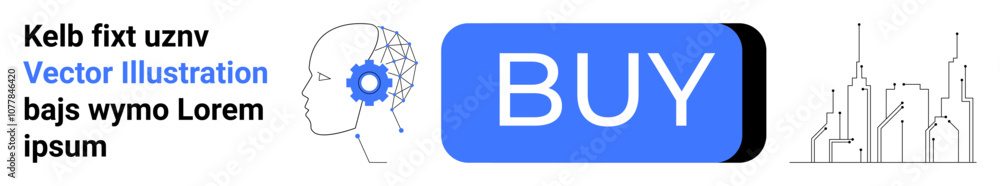 Head profile with gear and circuit design, large blue Buy button, minimalist city skyline. Ideal for technology, AI, e-commerce, innovation, future city, smart technology, digital marketing. Landing Head profile with gear and circuit design, large blue Buy button, minimalist city skyline. Ideal for technology, AI, e-commerce, innovation, future city, smart technology, digital marketing. Landing