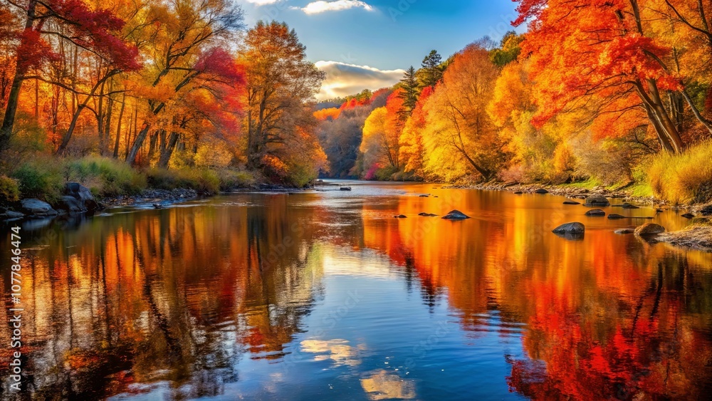 Obraz premium A picturesque autumn scene with vibrant foliage reflected in a still river, showcasing the tranquility of nature in its golden hour
