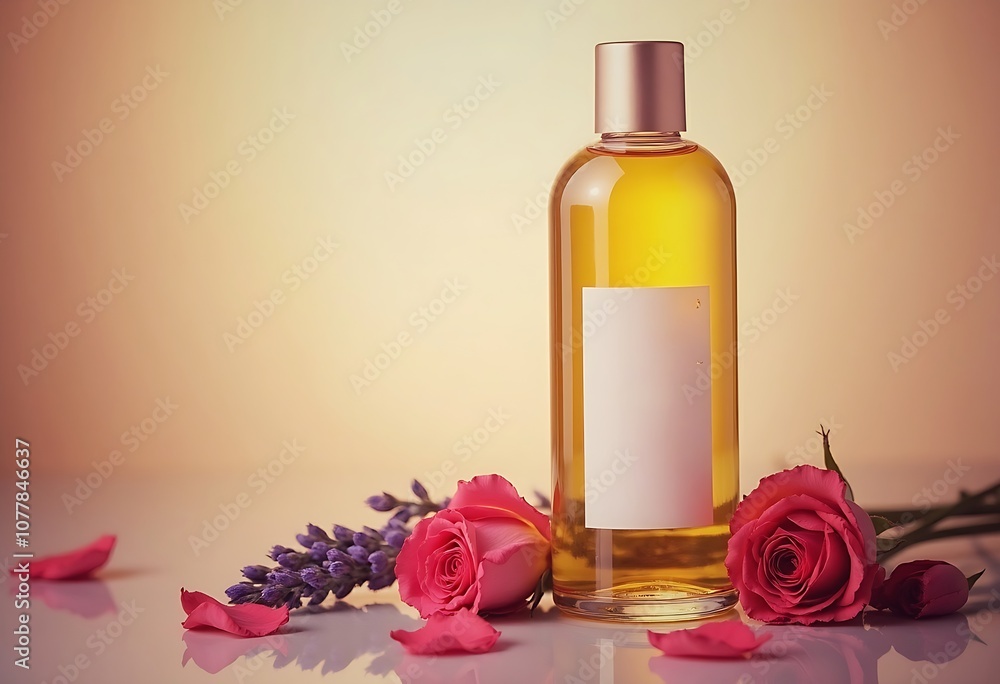 A glass bottle of skincare with blank label and gold cap stands on the mirror floor surrounded by roses and lavenders, product photography for advertisement A glass bottle of skincare with blank label and gold cap stands on the mirror floor surrounded by roses and lavenders, product photography for advertisement