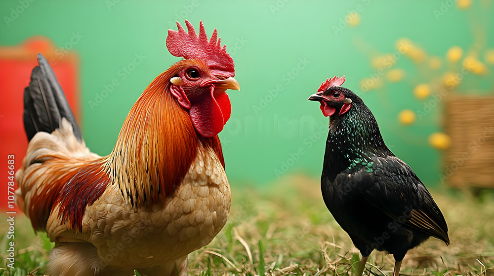 Fototapeta premium Rooster and Hen in a Garden Realistic Image