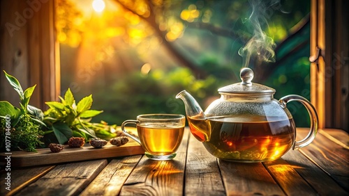 A steaming cup of tea, sunlight through a window, warm wooden table, and lush green foliage.