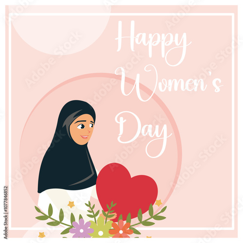 Emirati Women's Day with women in hijabs. Decoration of colorful heart and flower symbols. Women's History Month 2025 concept. Flat vector illustration.