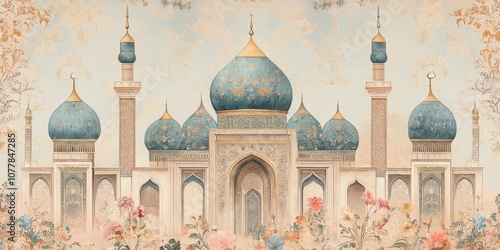 A Mosque with Blue Domes and Intricate Detail Surrounded by Floral Motifs photo