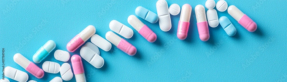 Colorful capsules of various shapes lie on a blue background, showcasing a vibrant array of pharmaceutical products. Colorful capsules of various shapes lie on a blue background, showcasing a vibrant array of pharmaceutical products.