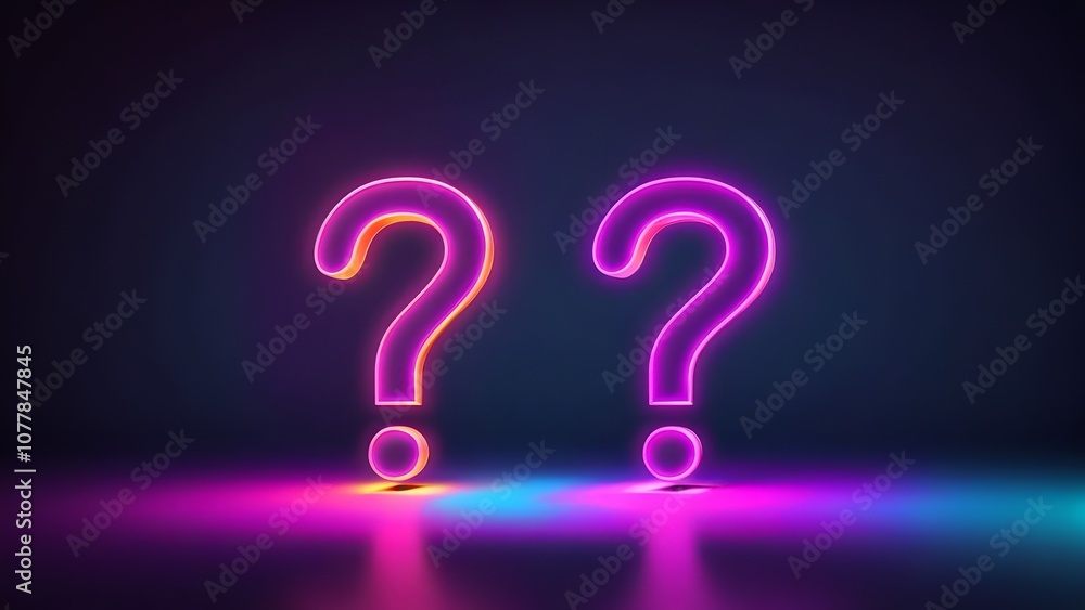 Two Neon Question Marks Glowing Brightly on a Dark Background, Reflecting on a Colorful Surface Two Neon Question Marks Glowing Brightly on a Dark Background, Reflecting on a Colorful Surface