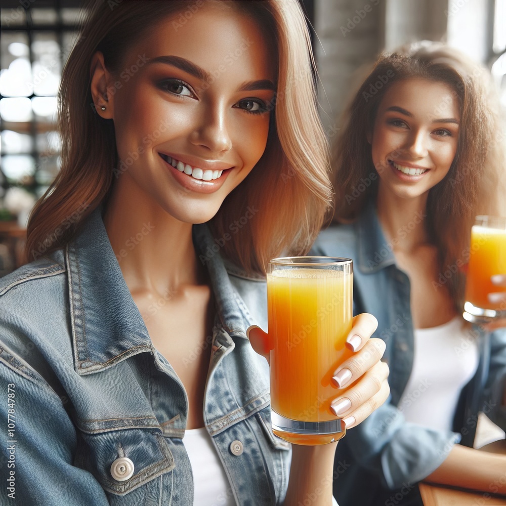 Woman holding a glass of fresh juice smiling Woman holding a glass of fresh juice smiling