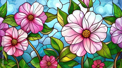 Colorful Stained Glass Floral Pattern with Pink Flowers and Green Leaves on Blue Backgroun