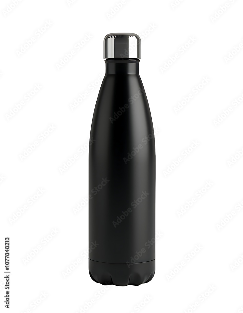 Black stainless steel water bottle with silver cap isolated on white background, product packaging design Black stainless steel water bottle with silver cap isolated on white background, product packaging design