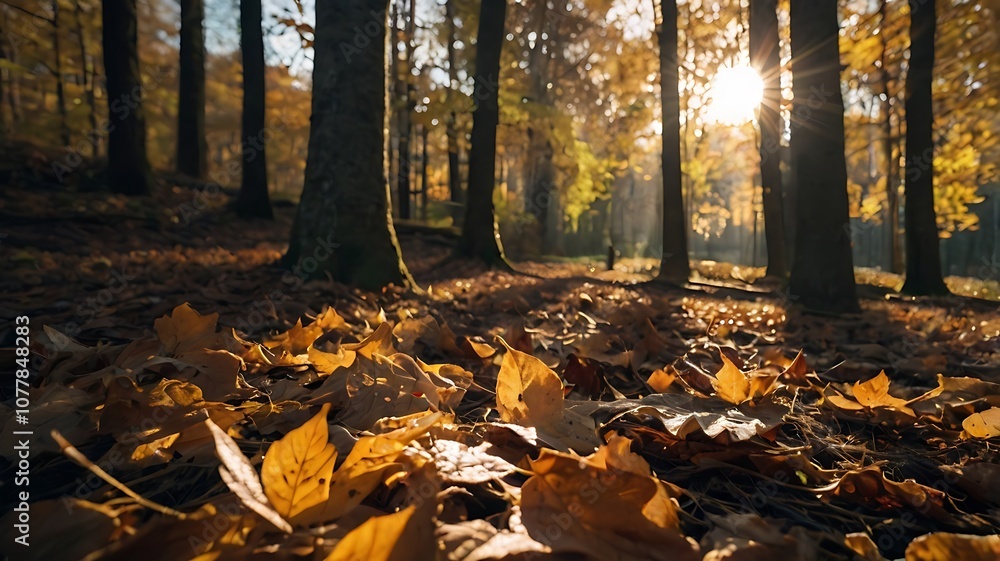 Sunlight shines through the trees in a forest with fallen autumn leaves. Sunlight shines through the trees in a forest with fallen autumn leaves.