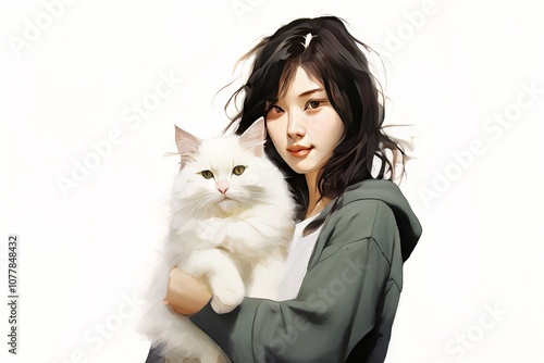 young woman with pet cat a japanese woman in casual clothing hol