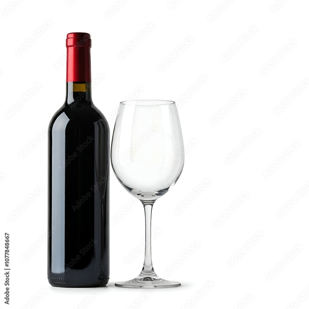 Red wine bottle with empty glass isolated on white background, drink and beverage Red wine bottle with empty glass isolated on white background, drink and beverage