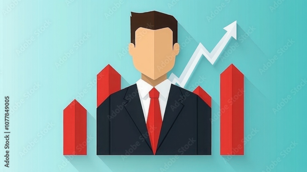 Businessman in Suit Against a Light Blue Background with Upward Trending Graph and Red Bar Graph Representing Financial Growth and Success in the Corporate World Businessman in Suit Against a Light Blue Background with Upward Trending Graph and Red Bar Graph Representing Financial Growth and Success in the Corporate World