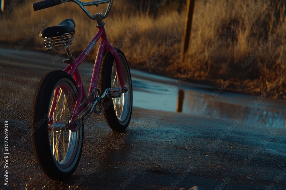 Obraz premium A pink bicycle sits on an asphalt road with a puddle in the foreground.
