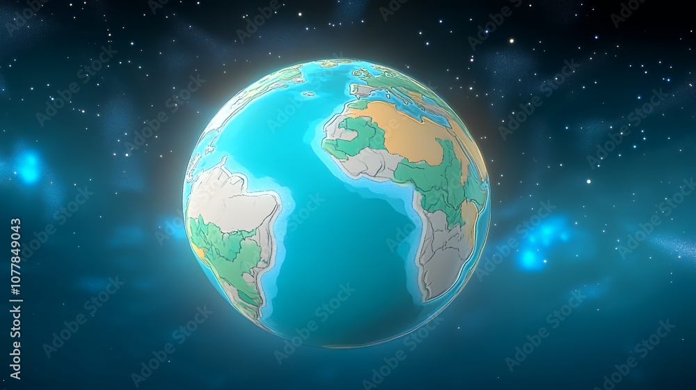 A stylized cartoon globe with a dark blue background, set against a starry night sky. A stylized cartoon globe with a dark blue background, set against a starry night sky.