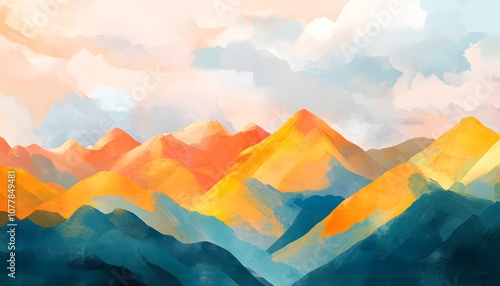 Abstract Painting of a Mountain Range with Orange and Blue Hues