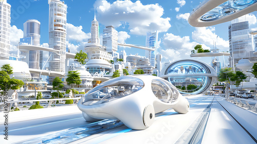 Futuristic cityscape featuring advanced transportation and sleek architecture. scene showcases bright, vibrant environment with innovative designs and greenery