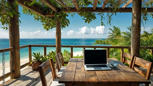 Video footage of laptop on a wooden table under a pergola with a view of a tropical beach and ocean