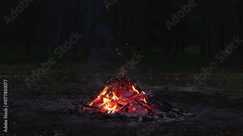 Evening Bonfire Burns in the Pine Forest in the Summer. Flaming Campfire, Place for Bonfire. Fire Pit Outdoors, Wood on Fire, Flying Sparks and Smoke. Travel and Tourism Concept - Slow Motion