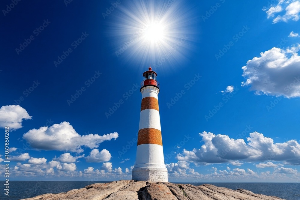 A red and white striped lighthouse against a bright blue sky, symbolizing classic coastal style A red and white striped lighthouse against a bright blue sky, symbolizing classic coastal style