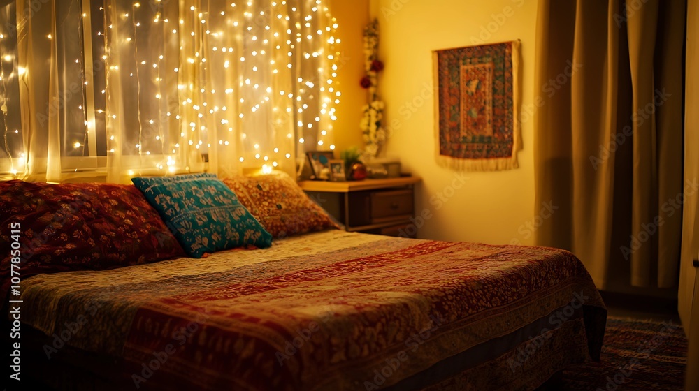 A cozy Indian bedroom with vibrant printed bedding, decorative rugs, and hanging fairy lights, capturing a homely and inviting atmosphere A cozy Indian bedroom with vibrant printed bedding, decorative rugs, and hanging fairy lights, capturing a homely and inviting atmosphere