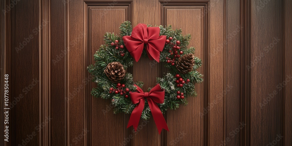 Christmas Wreath on Wooden Door Christmas Wreath on Wooden Door