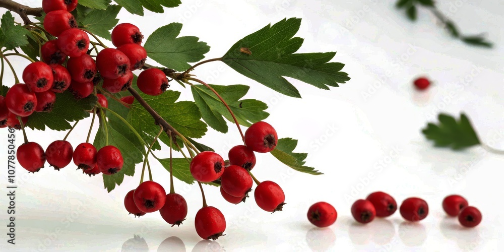 Vibrant Falling Ripe Hawthorn Berries on White Background with Copy Space for Creative Uses, Freshness, and Natural Beauty in Stock Photography