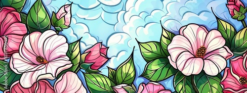 Pink Flowers and Green Leaves Against Blue Sky Background Illustration