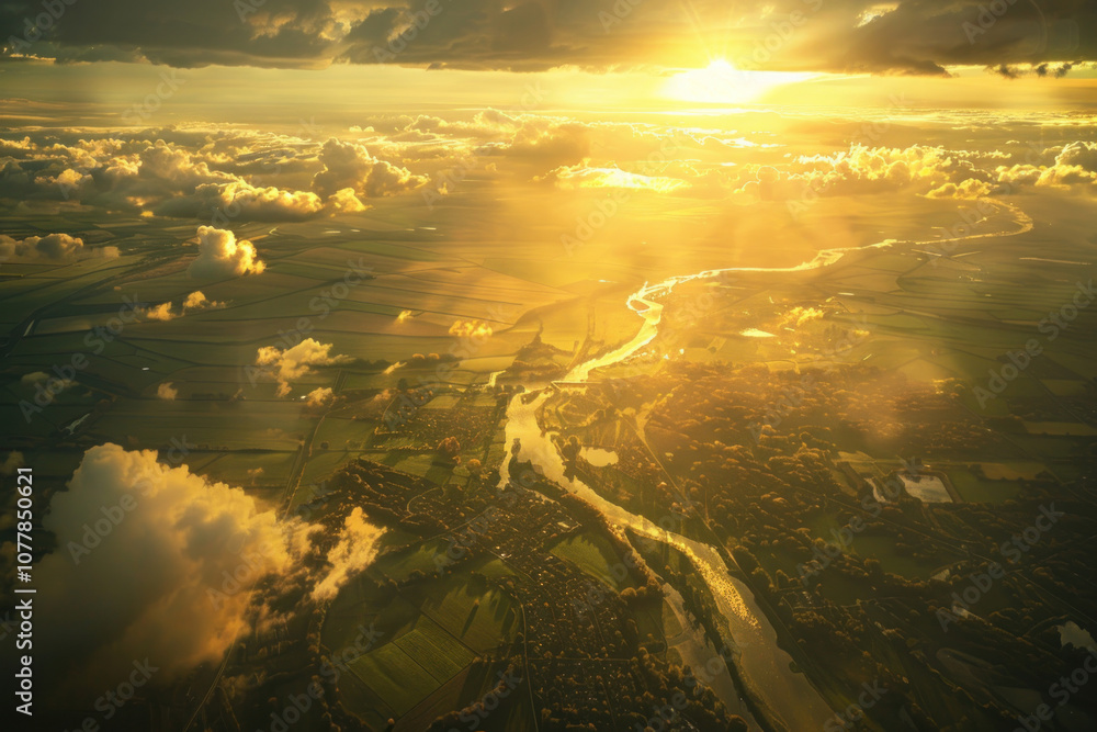 An aerial perspective of the sunset, with the golden light reflecting on rivers and fields below, creating a breathtaking scene. An aerial perspective of the sunset, with the golden light reflecting on rivers and fields below, creating a breathtaking scene.