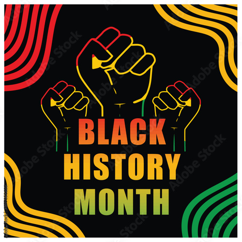 Clenched fist on black background. A celebration of African-American history. Black History Month concept. Flat vector illustration.