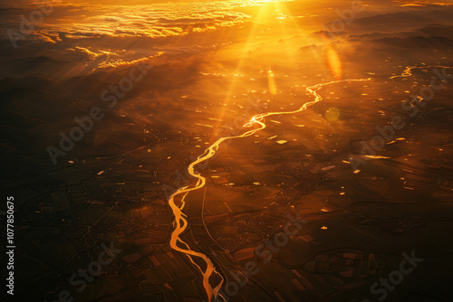 An aerial perspective of the sunset, with the golden light reflecting on rivers and fields below, creating a breathtaking scene. photo