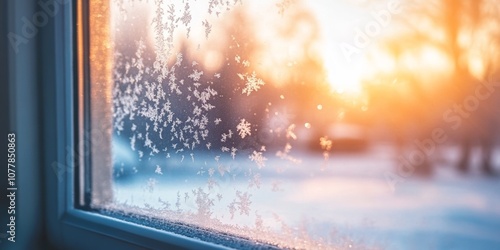 Close-Up of Frosted Window with Snowflakes 