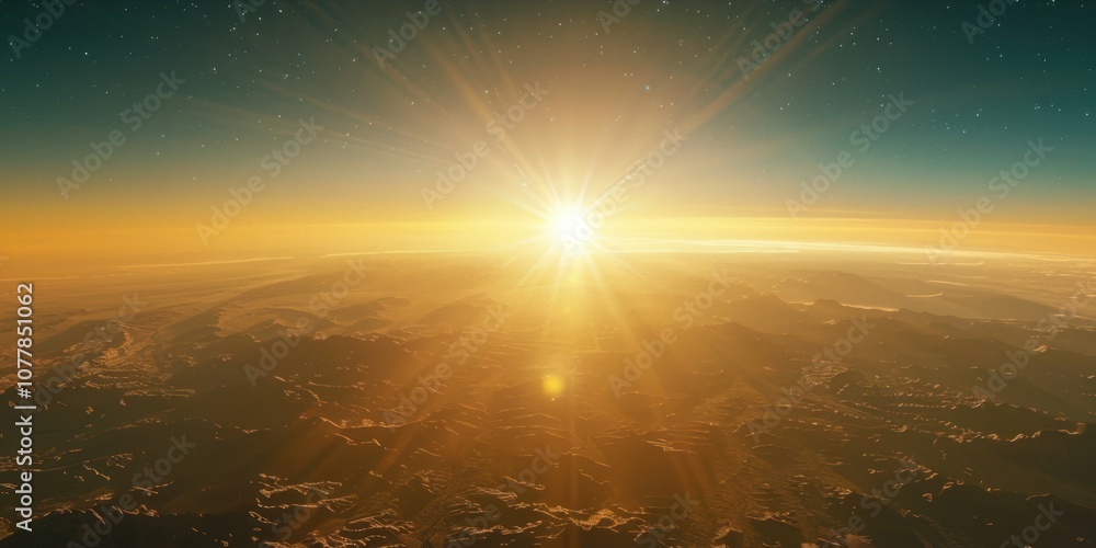 Fototapeta premium An expansive aerial view of a sunrise, with the sun casting a warm glow across the earth from high above.