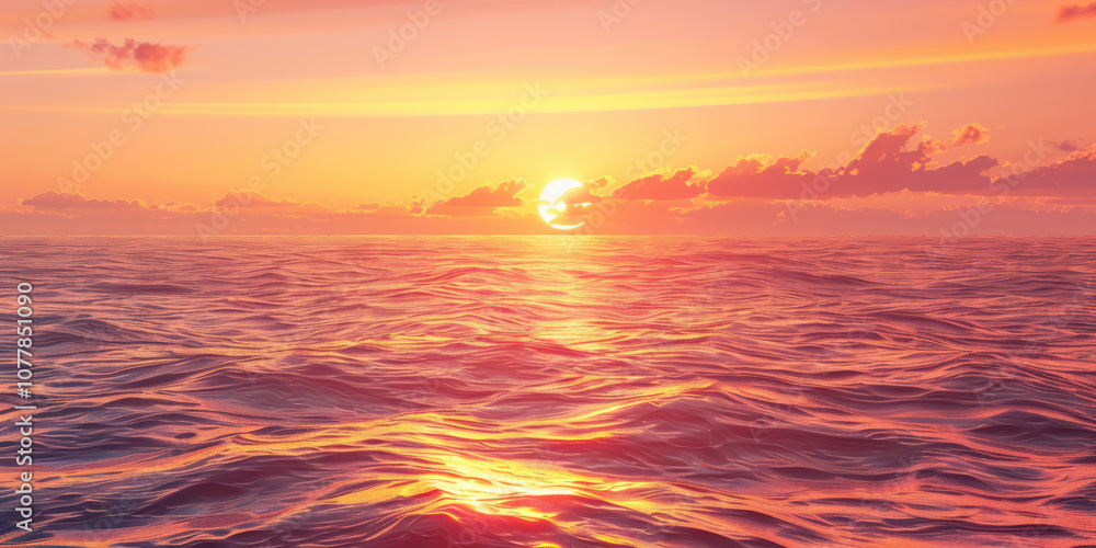 An expansive view of the sunrise over the ocean, with vibrant orange and pink colors reflecting on the water's surface. An expansive view of the sunrise over the ocean, with vibrant orange and pink colors reflecting on the water's surface.