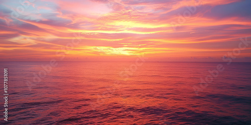 An expansive view of the sunrise over the ocean, with vibrant orange and pink colors reflecting on the water's surface.