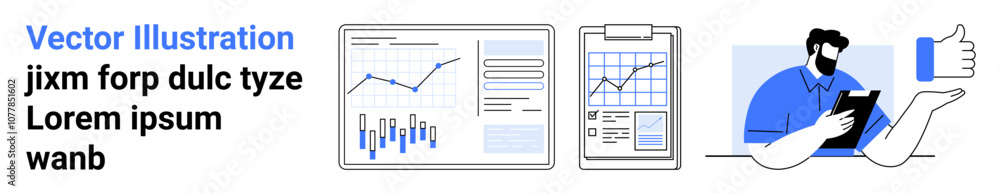 Charts with data trends, clipboard with metrics, person using a tablet and giving a thumbs up in blue and white color scheme. Ideal for business analysis, data visualization, digital strategy Charts with data trends, clipboard with metrics, person using a tablet and giving a thumbs up in blue and white color scheme. Ideal for business analysis, data visualization, digital strategy