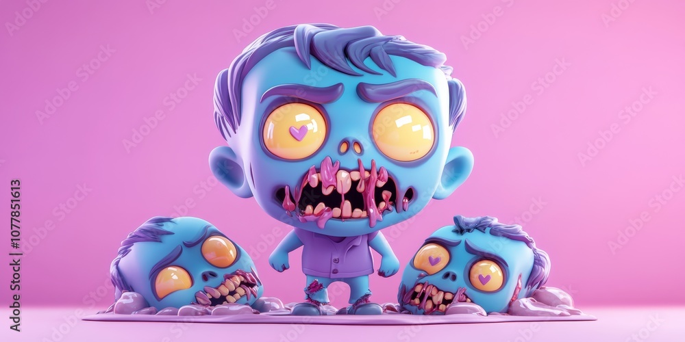 Naklejka premium Creepy zombie adorable expression 3D tiny cute emoji soft pastel colors