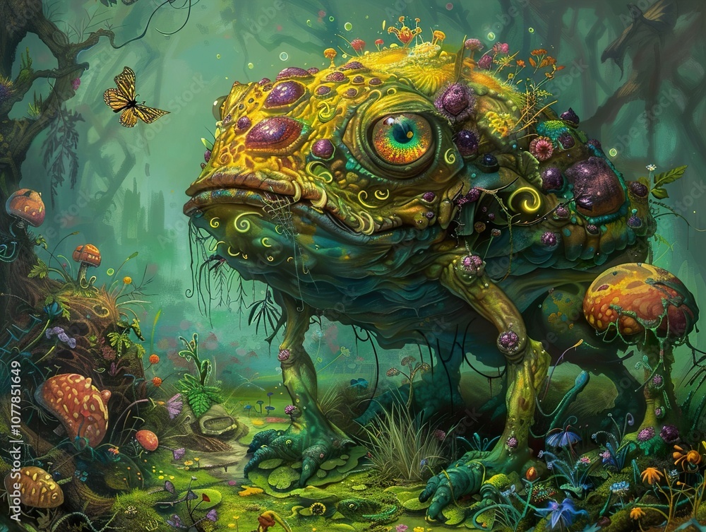 Enchanted Forest Toad: A Surreal Fantasy Creature in a Lush Green World Enchanted Forest Toad: A Surreal Fantasy Creature in a Lush Green World