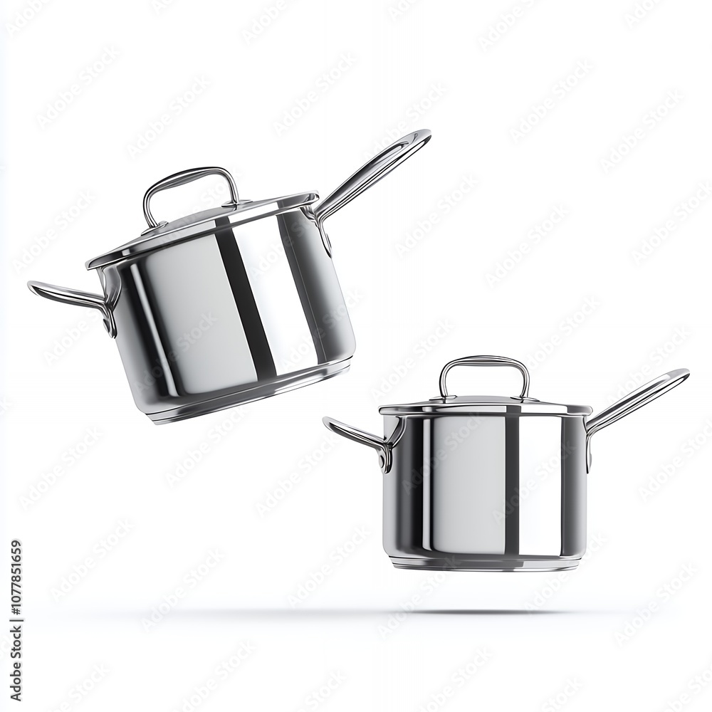 Two stainless steel pots with lids, floating against a white background. Two stainless steel pots with lids, floating against a white background.
