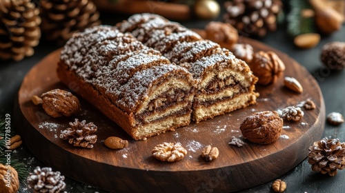 Sliced walnut cake dusted with powdered sugar and arranged on a wooden board with pine cones, nuts, and cinnamon sticks. photo