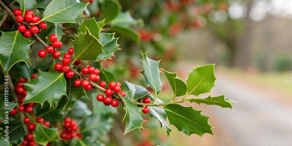 Obraz premium Vibrant Green Leaves and Bright Red Berries Decorative Border for Seasonal Greeting Cards, Nature-Inspired Design, Panoramic Photography, Perfect for Holiday Celebrations