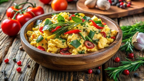 A Rustic Wooden Bowl Filled with Scrambled Eggs, Chili Peppers, and Herbs, Decorated with Fresh Tomatoes and Peppercorns on a Wooden Surface