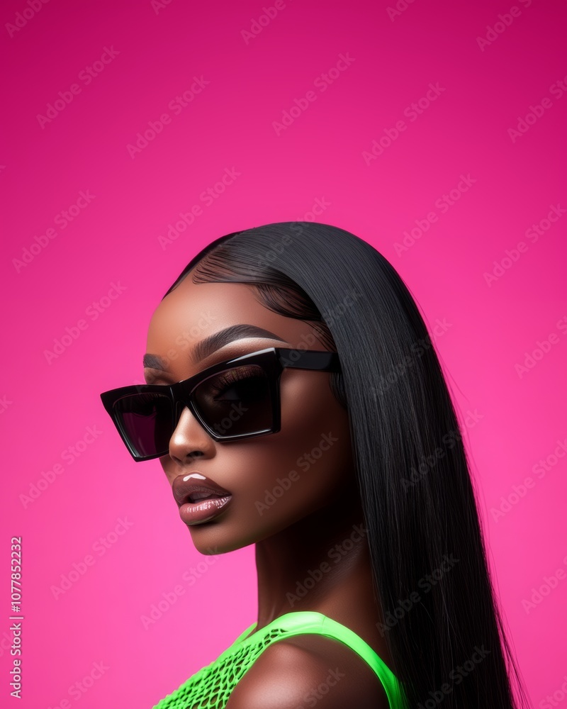 Extremely closed-up shot of a beautiful black woman with black long hair wearing black sunglasses and a brat green Mugler lace-up bodysuit Extremely closed-up shot of a beautiful black woman with black long hair wearing black sunglasses and a brat green Mugler lace-up bodysuit