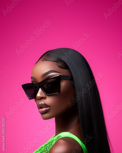 Extremely closed-up shot of a beautiful black woman with black long hair wearing black sunglasses and a brat green Mugler lace-up bodysuit