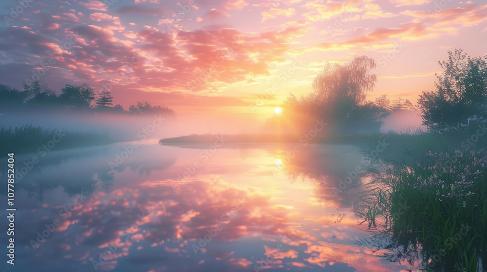 A beautiful sunrise reflecting off the calm surface of a river, the soft light illuminating the surrounding landscape. A beautiful sunrise reflecting off the calm surface of a river, the soft light illuminating the surrounding landscape.