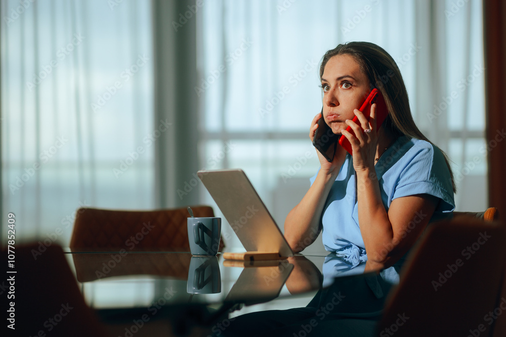 Busy Multitask Woman Speaking at Two Phones and One Tablet at Once. Funny stressed office worker trying to get things done fast
Busy Multitask Woman Speaking at Two Phones and One Tablet at Once. Funny stressed office worker trying to get things done fast
