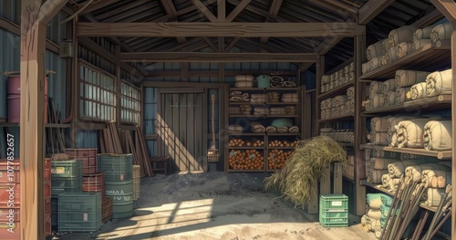Wallpaper Mural 2D game image of wooden storage interior in Japan, keeping wood and hay, style of anime, wide view Torontodigital.ca
